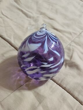 Signed Handblown Purple and White Swirl Glass Ornament
